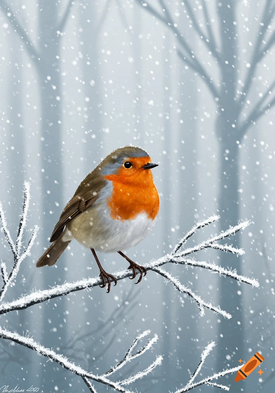 A vibrant robin with an orange breast sits on a snow-covered branch during a snowfall in a winter forest, digital art.