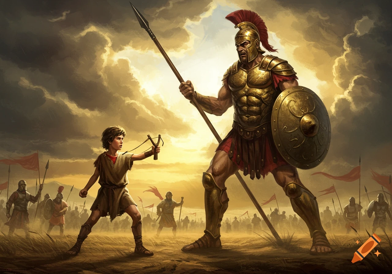 A boy with a slingshot faces a giant armored warrior with a spear and shield in a dramatic battle scene.