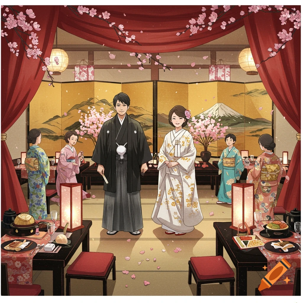 Illustrated Japanese wedding reception with a couple in traditional attire, guests, cherry blossoms, and Mount Fuji in the background.