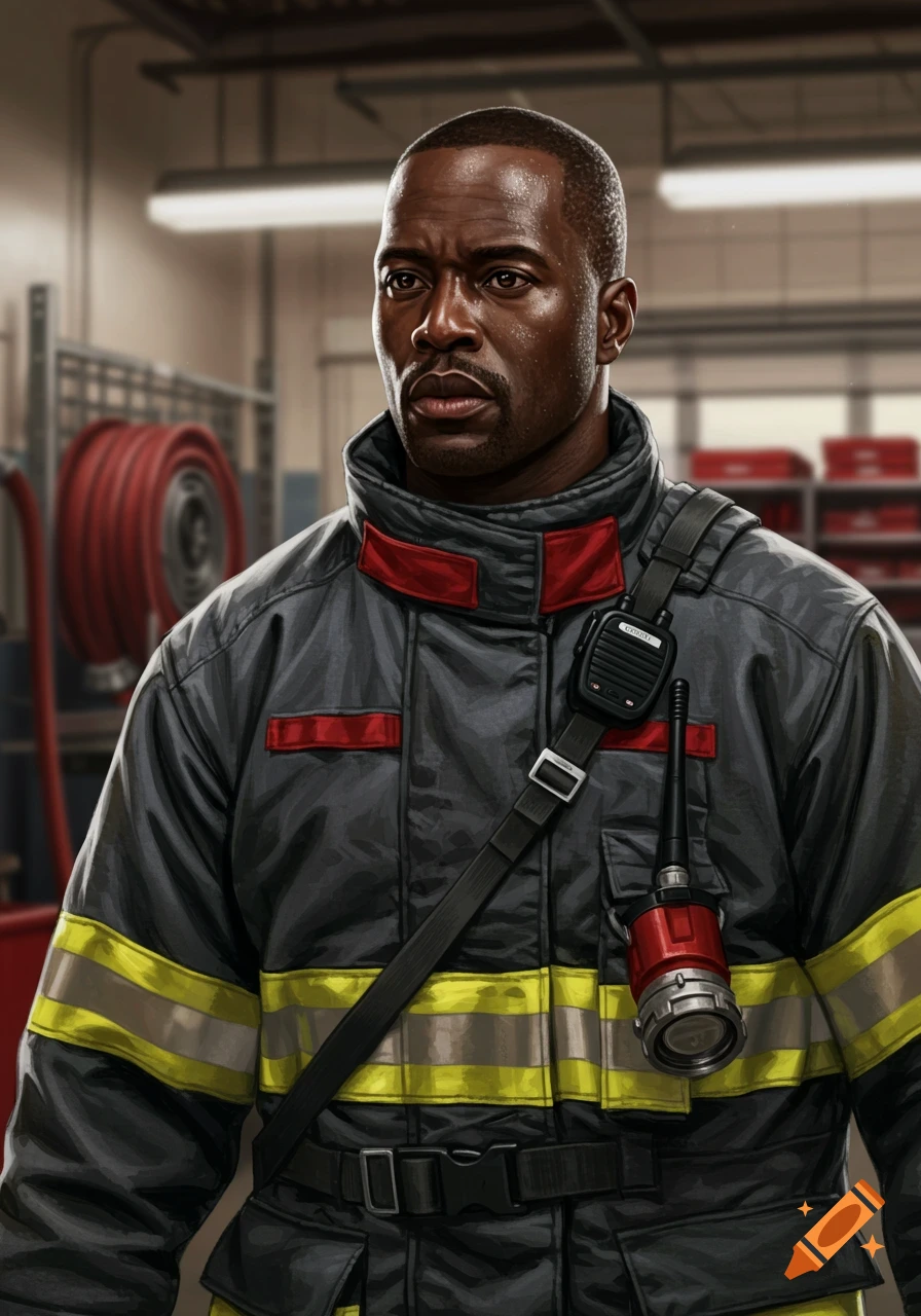 A hyper-realistic portrait of a male firefighter in a dark uniform with yellow and red stripes, wearing a radio strap.
