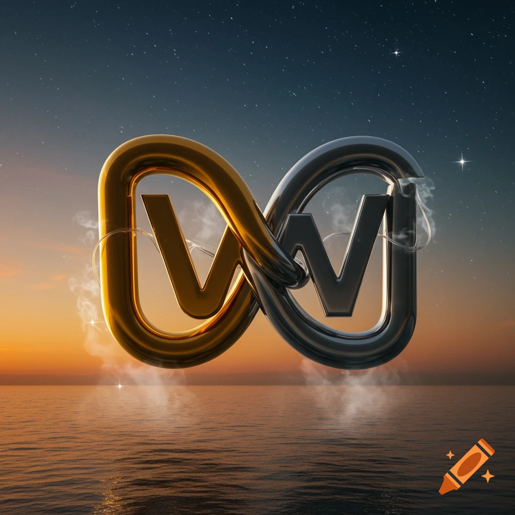 A golden 'W' and a silver 'M' intertwine to form an infinity symbol, floating above a calm ocean at sunset under a star-filled sky.