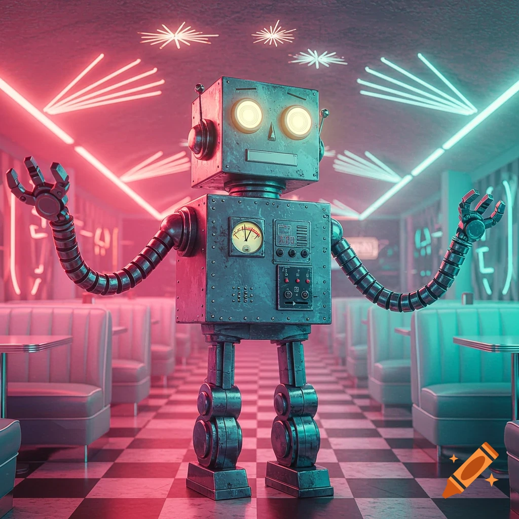 A retro-futuristic robot stands in a neon-lit diner with red and teal lighting and a checkered floor.