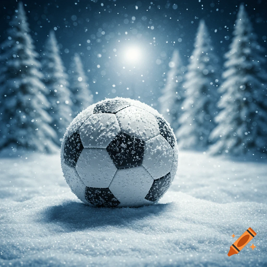 A close-up of a snow-covered soccer ball on white snow in a dark blue winter forest with falling snow.