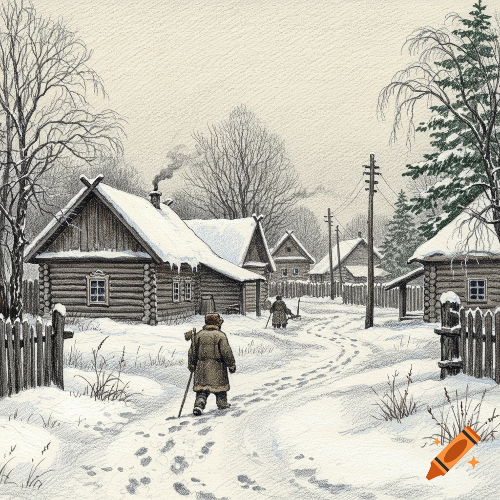A sketch drawing of a snowy Russian village with wooden houses and people walking on a winter day.