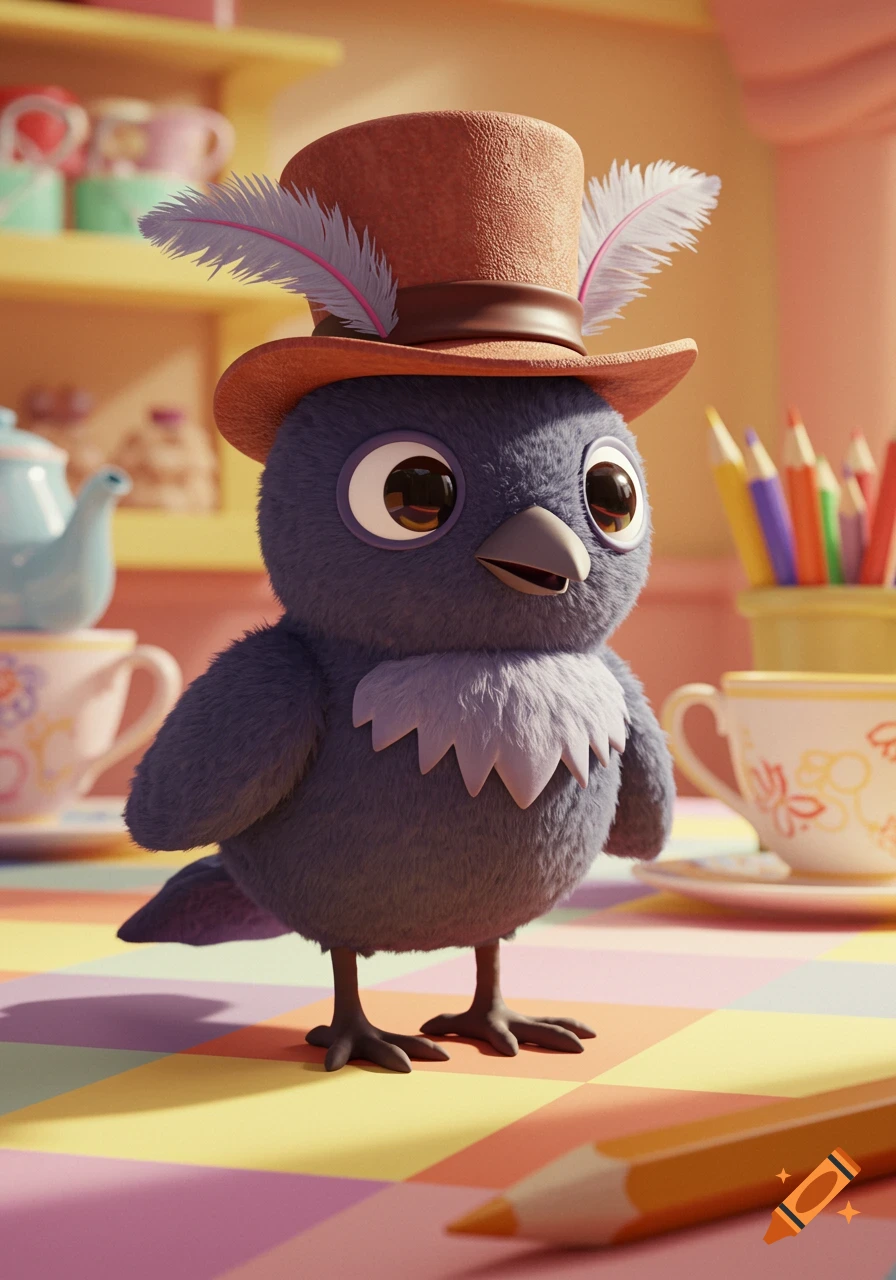 A fluffy blue cartoon bird wearing a brown top hat with white and pink feathers sits on a colorful checkered table next to teacups and pencils.