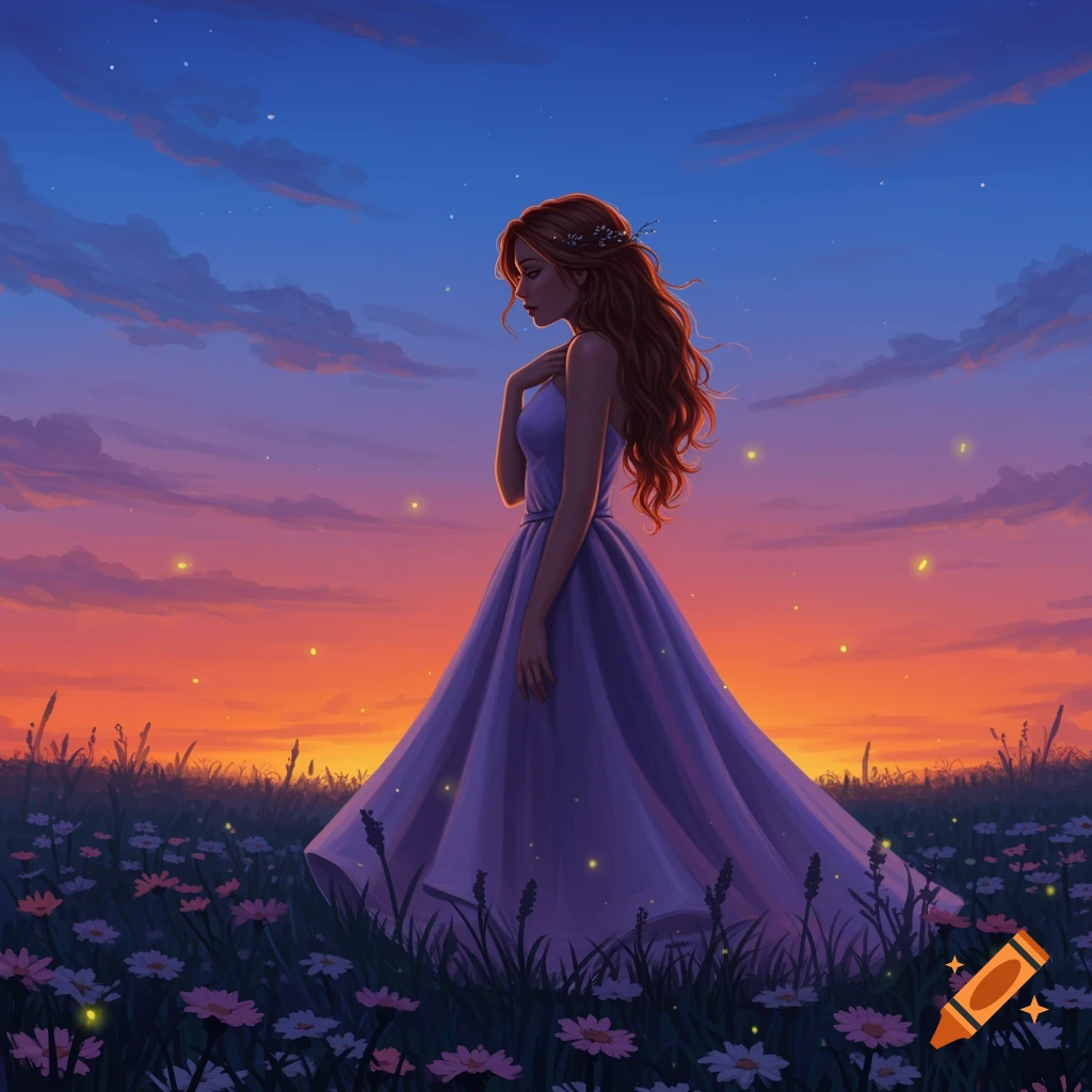A woman with flowing red hair in a purple dress stands in a field of flowers at sunset.