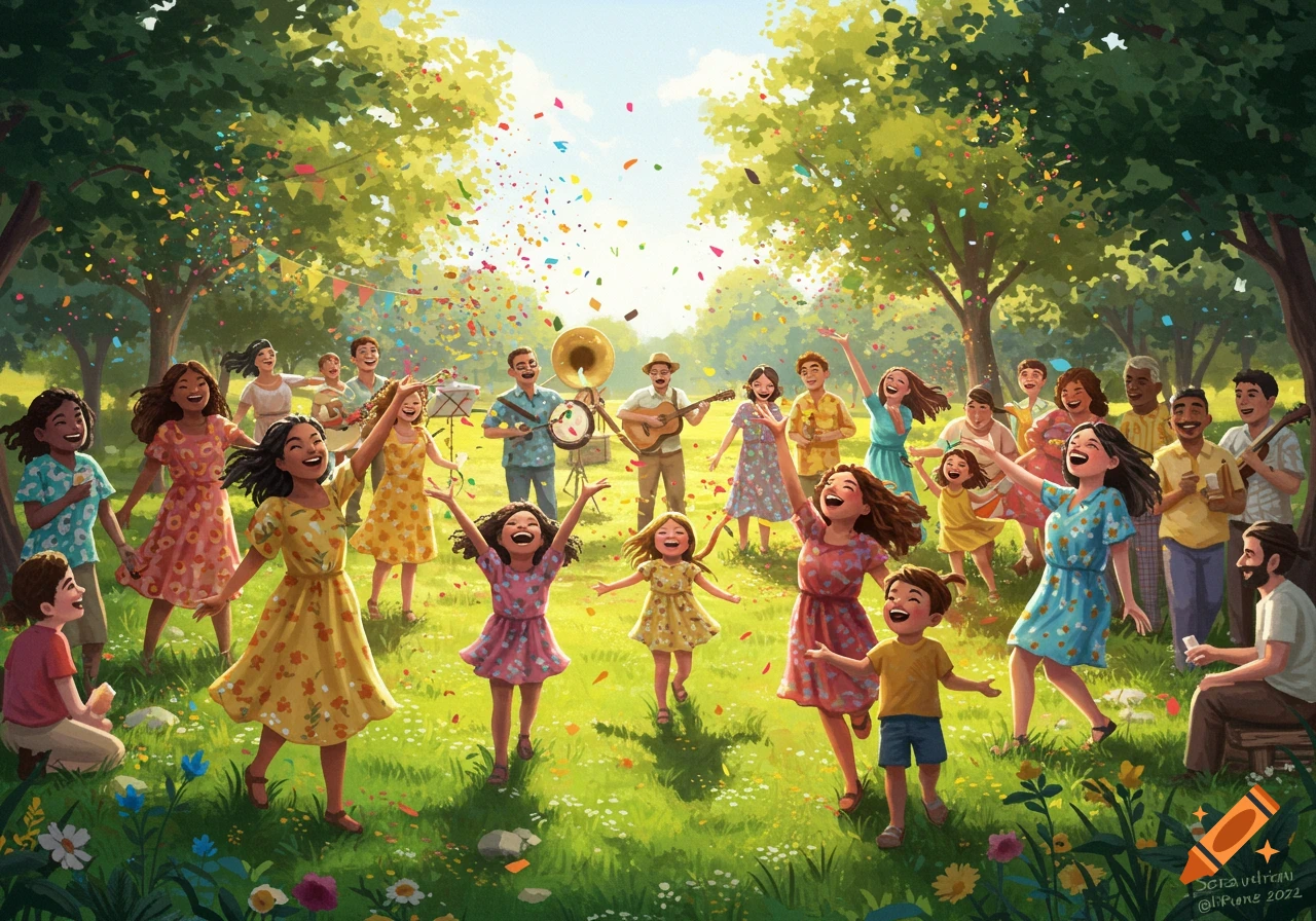 A vibrant illustration of a diverse group of people, including adults and children, celebrating in a sunny park with confetti falling and a band playing.