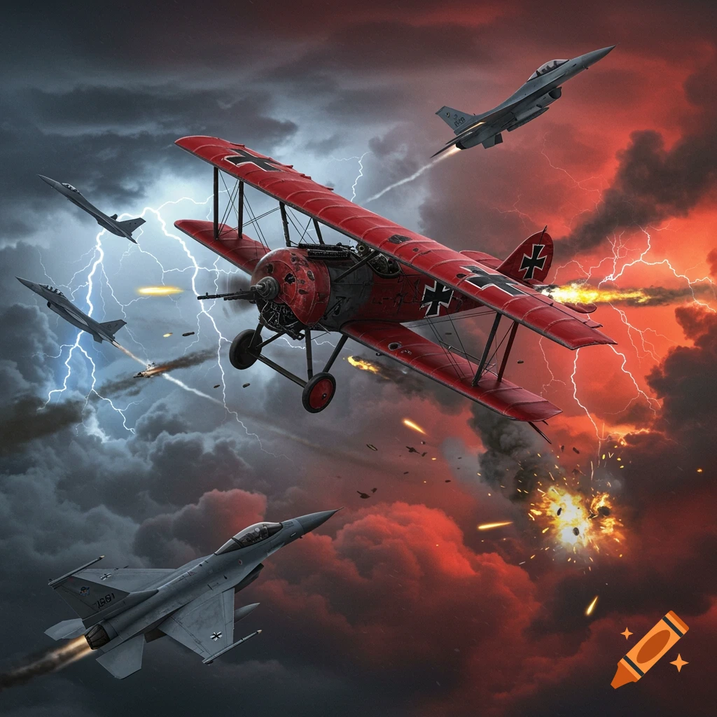 A red World War I biplane with iron crosses engaged in a dogfight with modern F-16 fighter jets amidst a stormy sky with lightning and explosions.