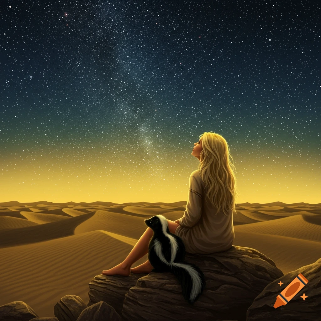 A blonde woman and a skunk sit on a rock in a desert, looking up at a vast starry night sky. The scene is illuminated by a golden glow from the horizon.