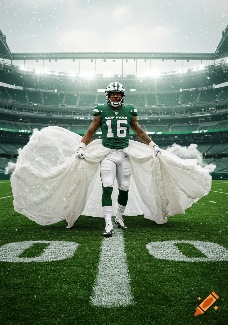 A New York Jets football player stands on a snowy field in a stadium, wearing his uniform top and a long white wedding dress.