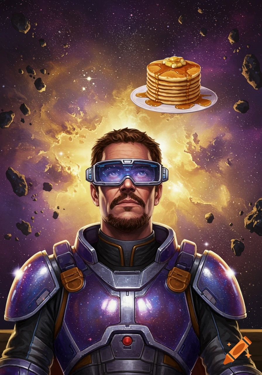 A man in a futuristic suit and VR goggles looks up at a stack of pancakes floating in a starry, colorful space scene with asteroids.