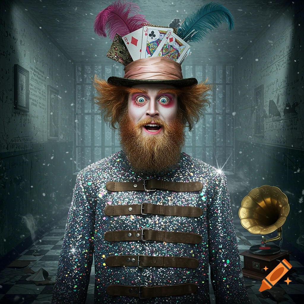 A man with a wild beard and red hair, wearing a sparkly jacket and a Mad Hatter-style hat with playing cards, in an asylum.