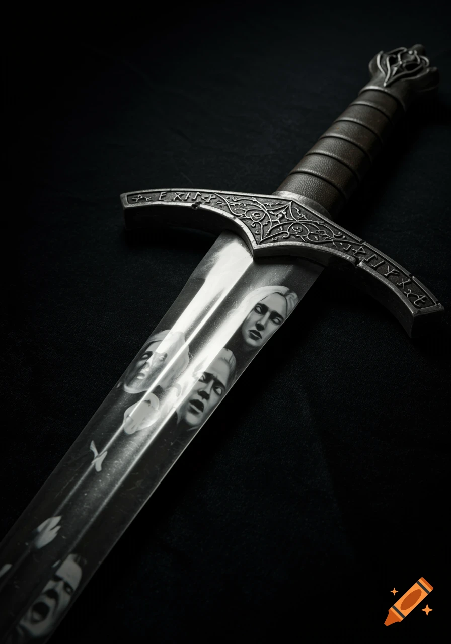 A detailed ancient sword with faint ghostly faces reflected in its blade, resting on black velvet, with cinematic lighting.