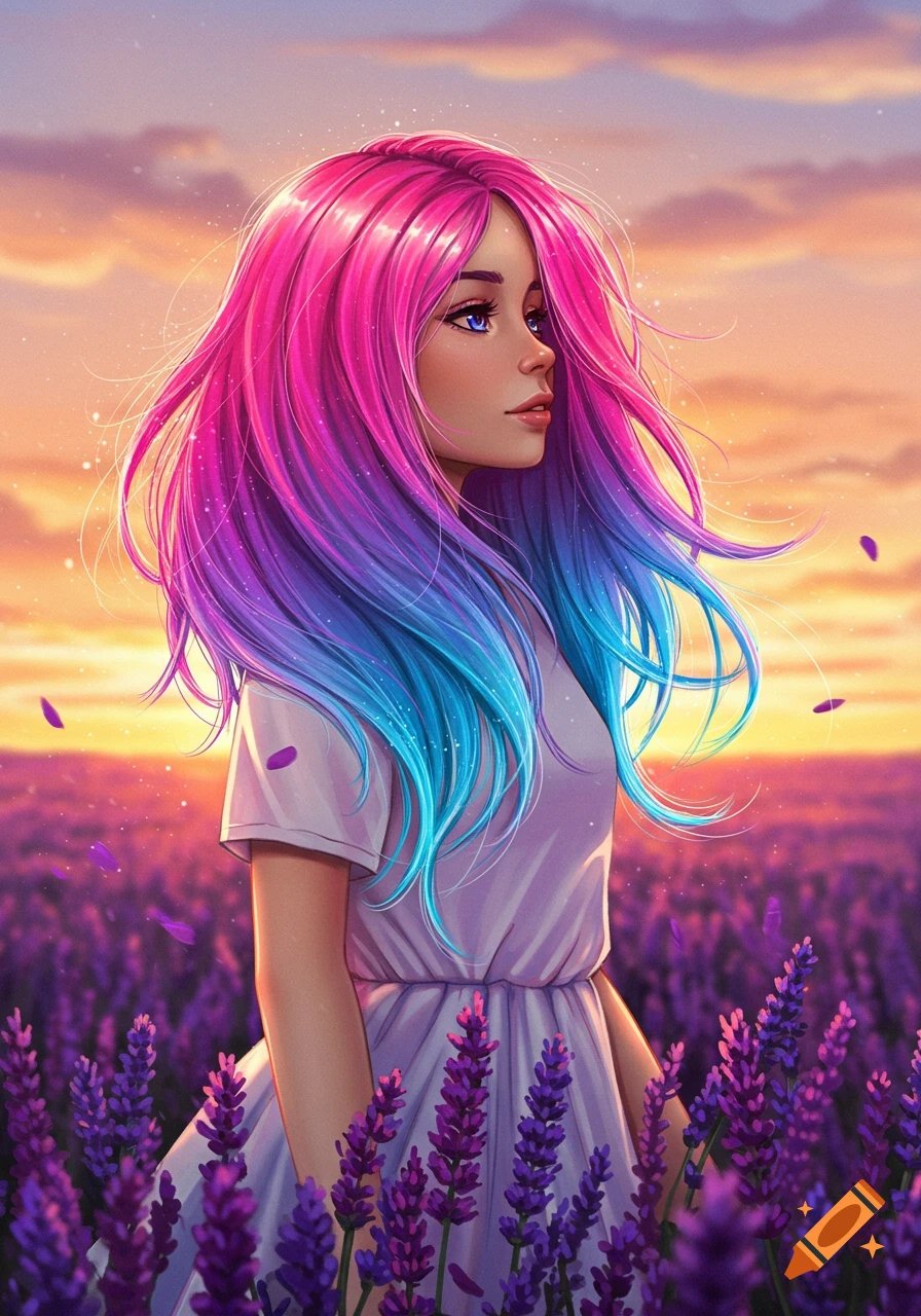 A stylized portrait of a girl with long, flowing pink, purple, and blue hair standing in a lavender field at sunset.