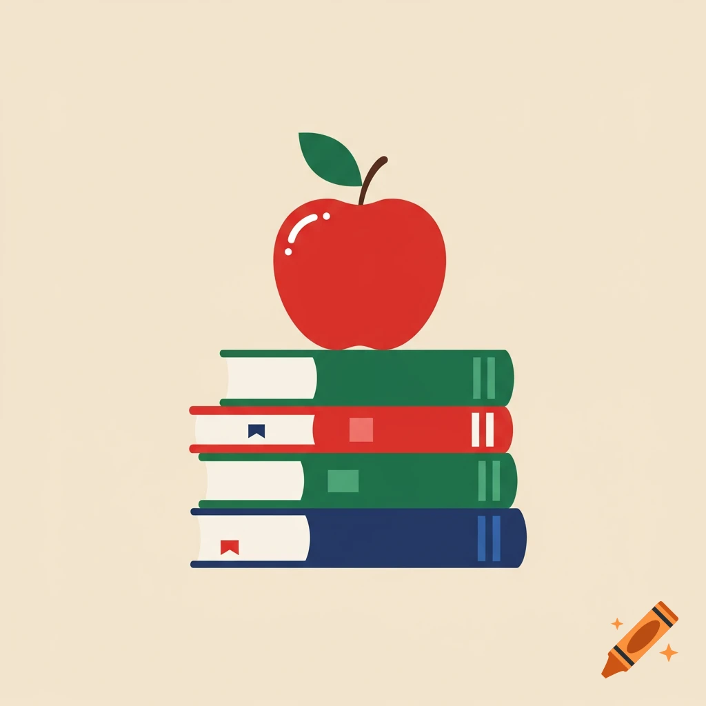 A red apple resting on a stack of colorful books, in a flat illustration style.