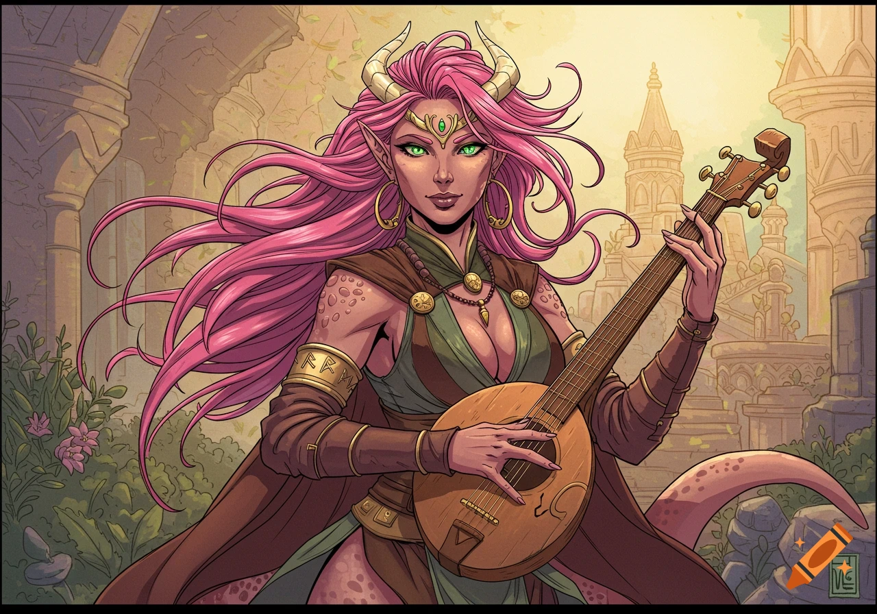 Pink-haired fantasy bard with horns and tail plays a lute in a ruined temple, in comic book anime style.