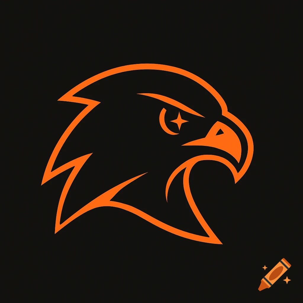 Minimalist orange hawk head logo with a star in its eye on a black background.