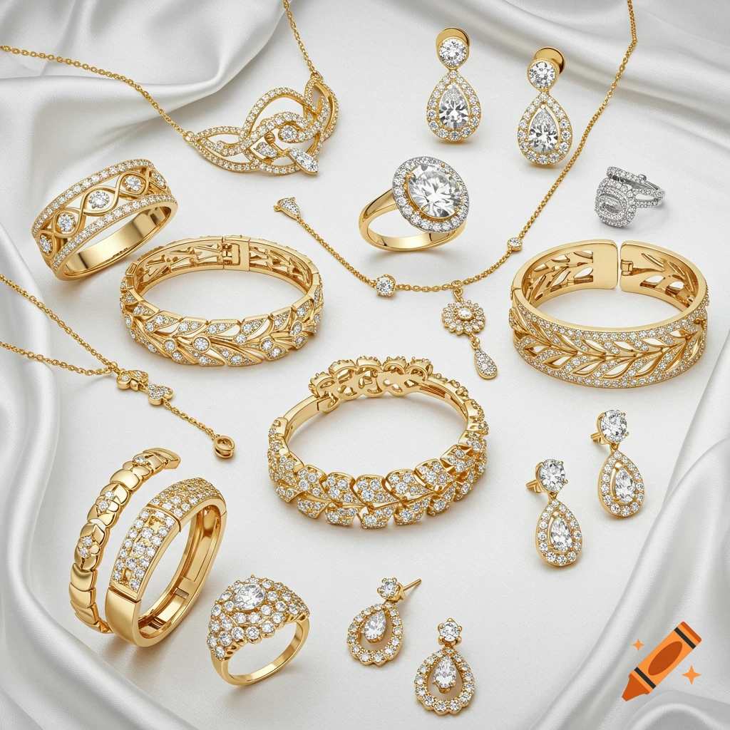 Photorealistic gold and diamond jewelry collection with rings, bracelets, necklaces, and earrings, arranged on white silk.