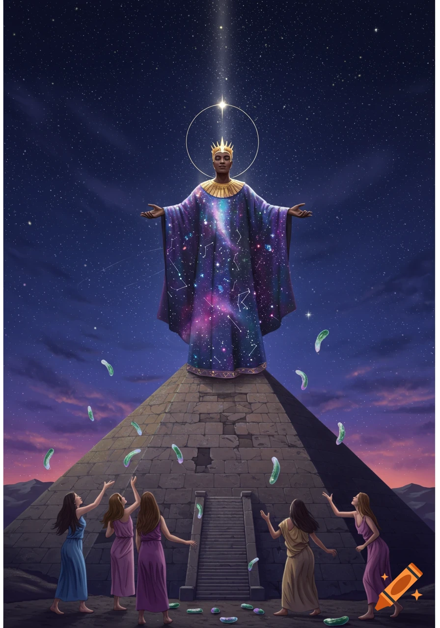 A regal man in a galaxy-patterned robe stands atop a stone pyramid under a starry night sky, while several women below throw pickles towards him.
