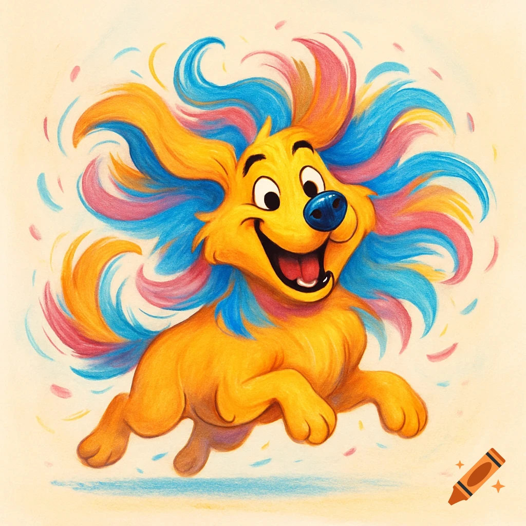 A happy yellow cartoon dog with a blue nose and a large mane of flowing blue, pink, and orange fur, illustrated in a vibrant colored pencil style.
