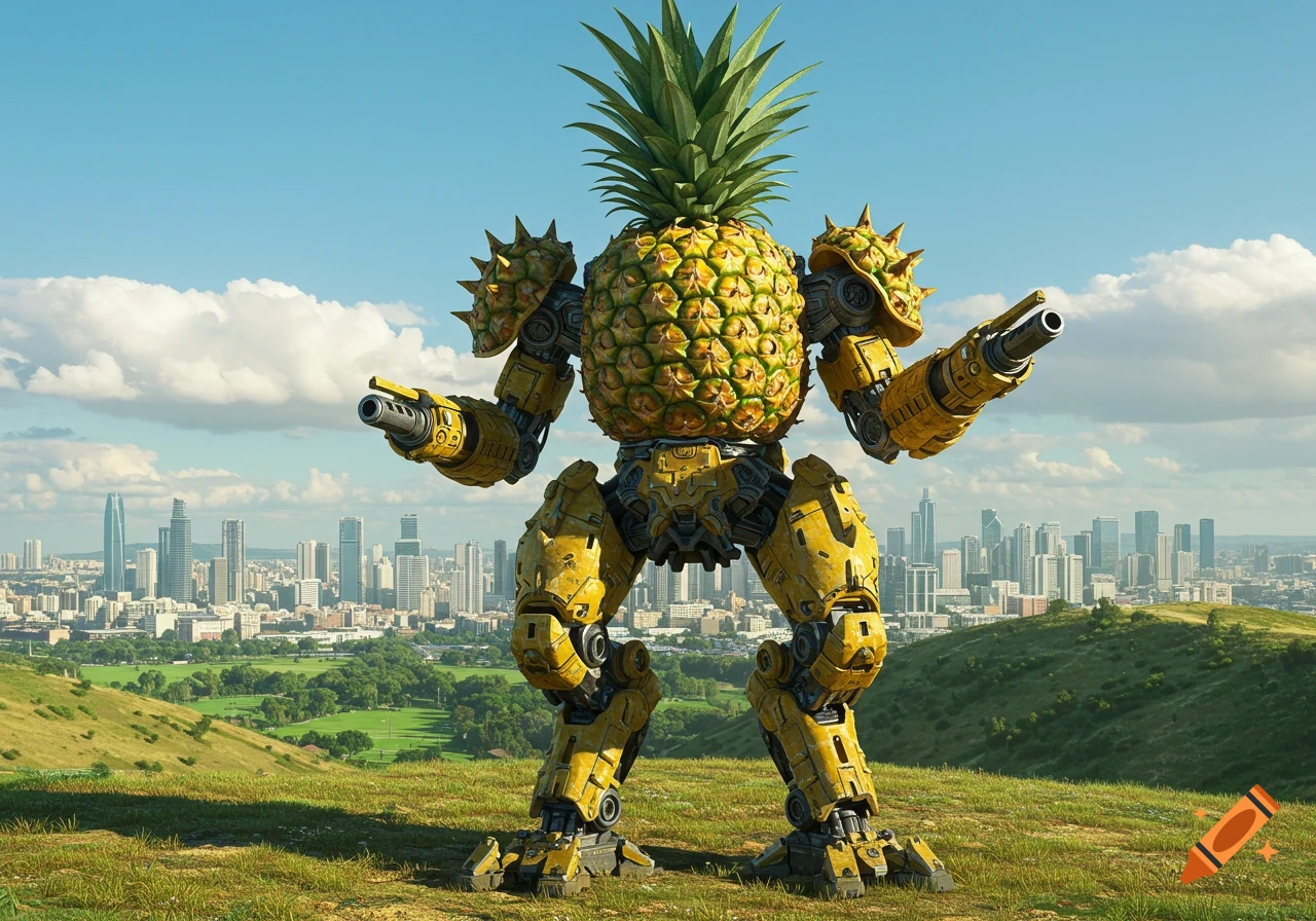A giant, photorealistic pineapple mech suit with cannons stands on a grassy hill, overlooking a distant cityscape under a blue sky.