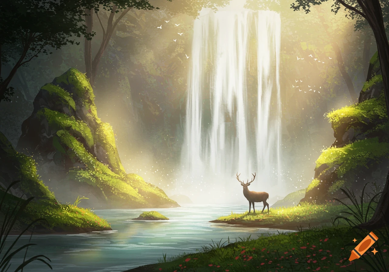 A deer stands by a river at the base of a large waterfall in a sunlit, ethereal forest.