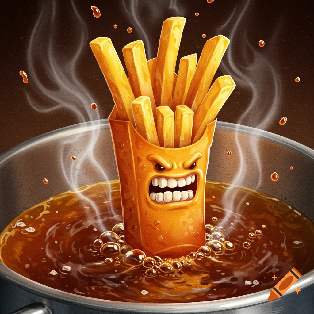 Cartoon french fry box with an angry face being fried in a pot of bubbling oil, surrounded by steam.