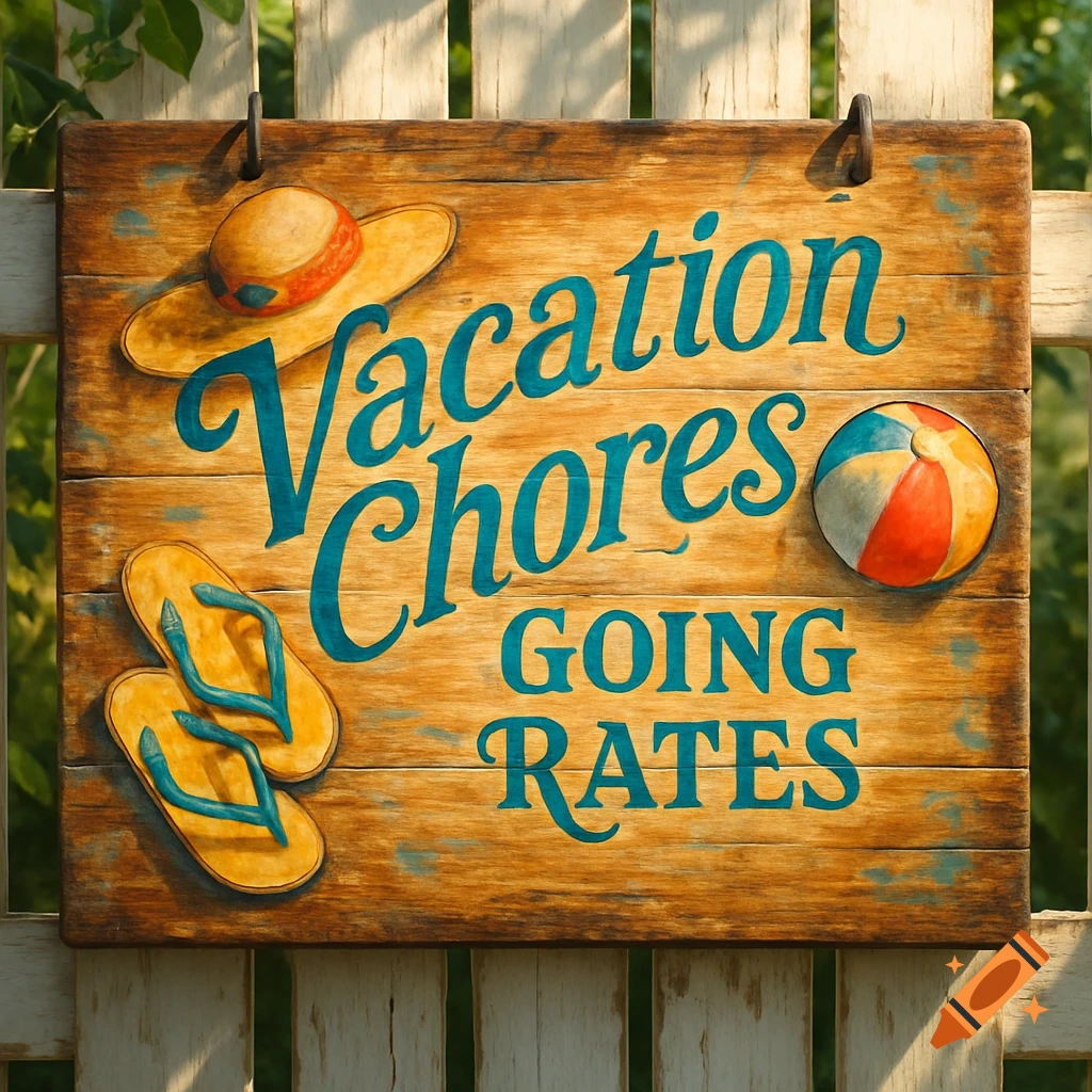A rustic wooden sign hangs on a fence, displaying the blue text "Vacation Chores GOING RATES" alongside illustrations of a sun hat, flip-flops, and a beach ball.