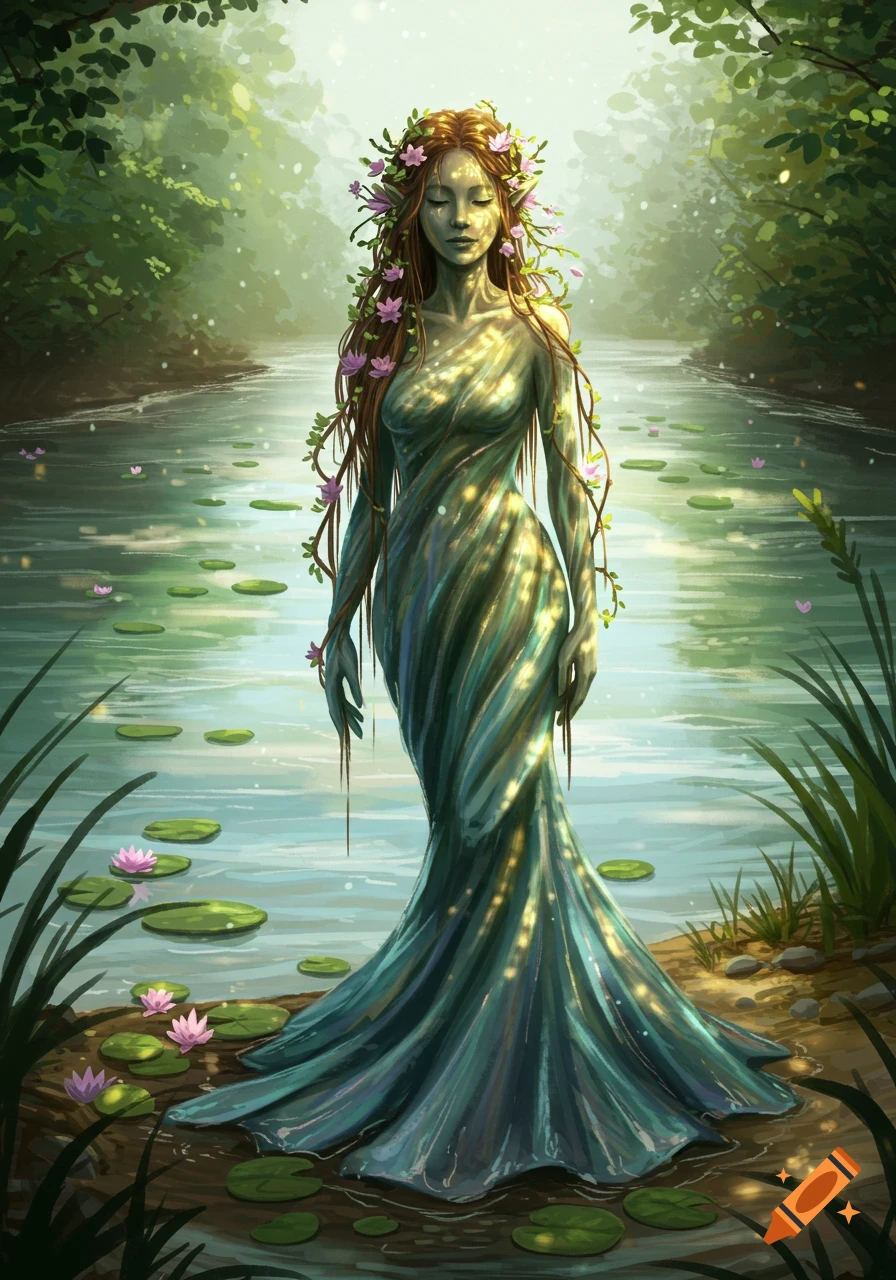 A serene river spirit with a flowing dress of water and leaves, adorned with flowers, stands in a glowing forest river. Digital art.
