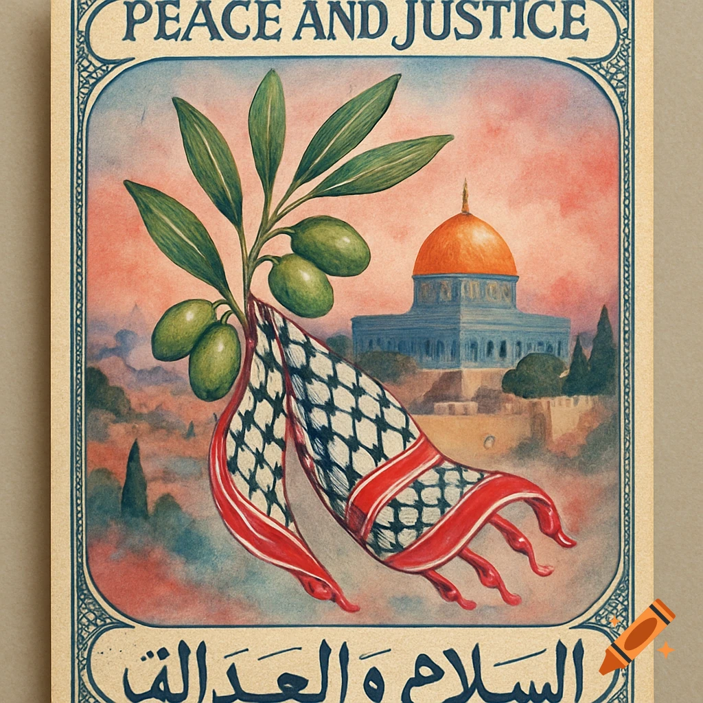 Vintage illustration of an olive branch and Palestinian keffiyeh with the Dome of the Rock, and 'Peace and Justice' text.