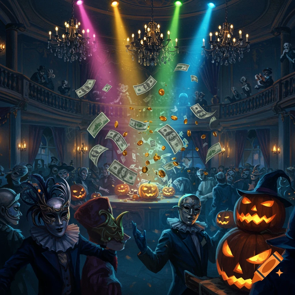 A gothic Halloween party in a grand hall with masked figures, jack-o'-lanterns, and money and coins raining down under colorful spotlights.