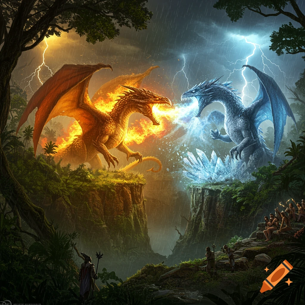 A dramatic fantasy art battle between a fire dragon and an ice dragon in a rainy rainforest with human spectators.