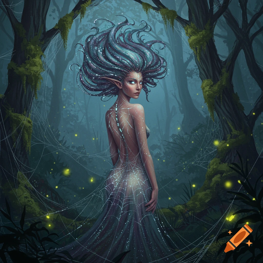 A fantasy illustration of an elf-like woman with long, flowing hair and a web-like dress in a dark, misty forest with glowing lights.