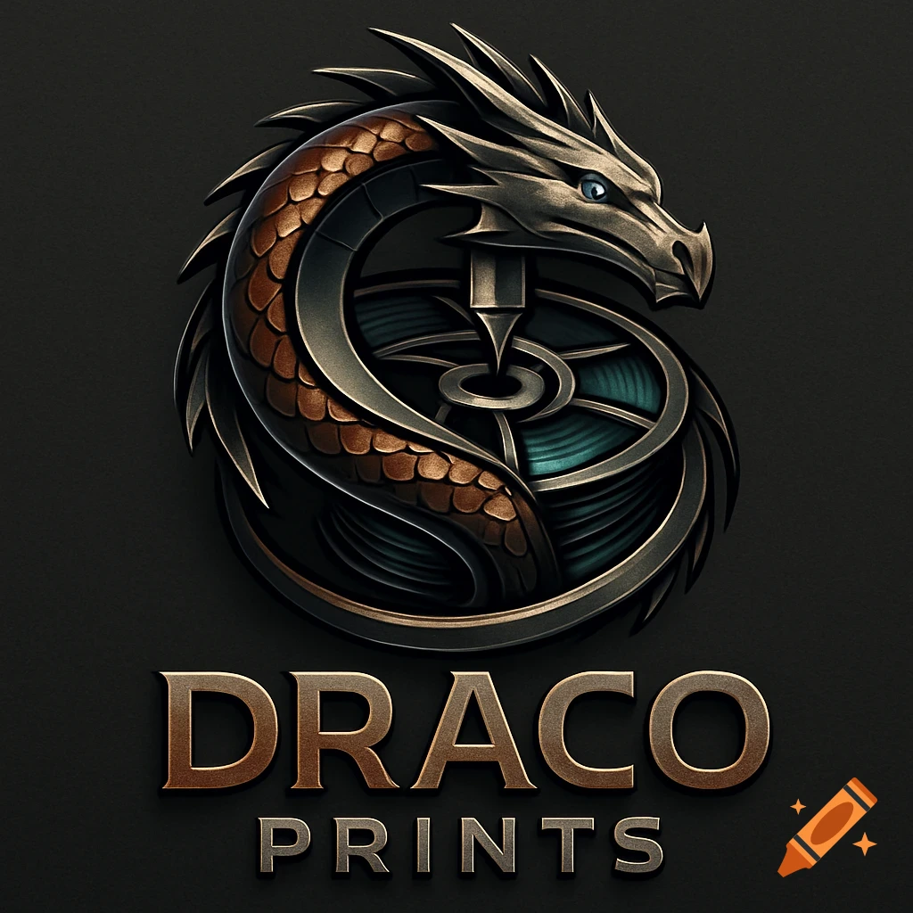 A metallic dragon logo coiled around a spool of filament, with 'DRACO PRINTS' below, on a dark background.