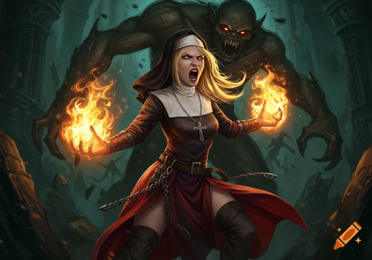 Enraged blonde warrior nun casting fire spells with a monster looming behind her in a dark, gothic digital illustration.