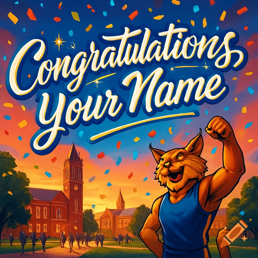 A proud, muscular bobcat mascot in a blue tank top raises a fist on a college campus at sunset, with confetti and the text "Congratulations Your Name" above.
