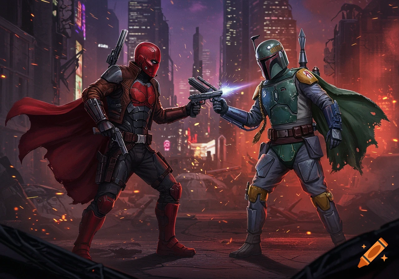 Red Hood and Boba Fett in a dynamic comic art style showdown in a ruined futuristic city at night.
