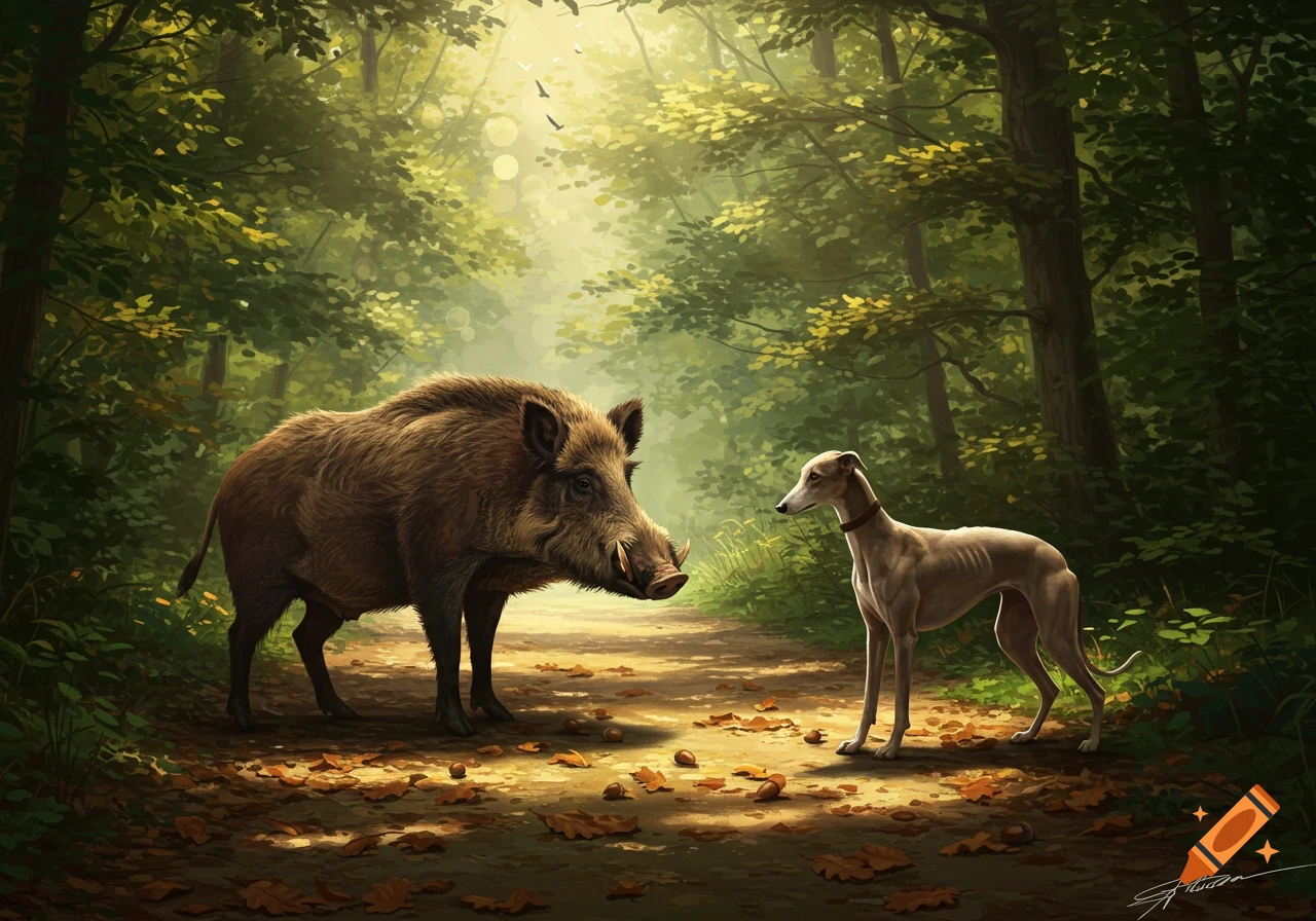 A wild boar and a greyhound stand facing each other on a sunlit dirt path in a lush forest.