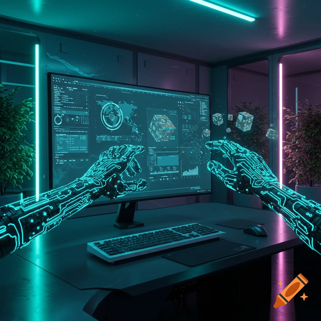 A first-person view of glowing cybernetic hands interacting with a large futuristic computer monitor displaying complex data and floating cubes in a dark, neon-lit room.