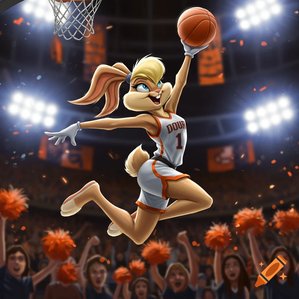 Lola Bunny in a basketball jersey leaping to dunk a basketball in a stadium with a cheering crowd.