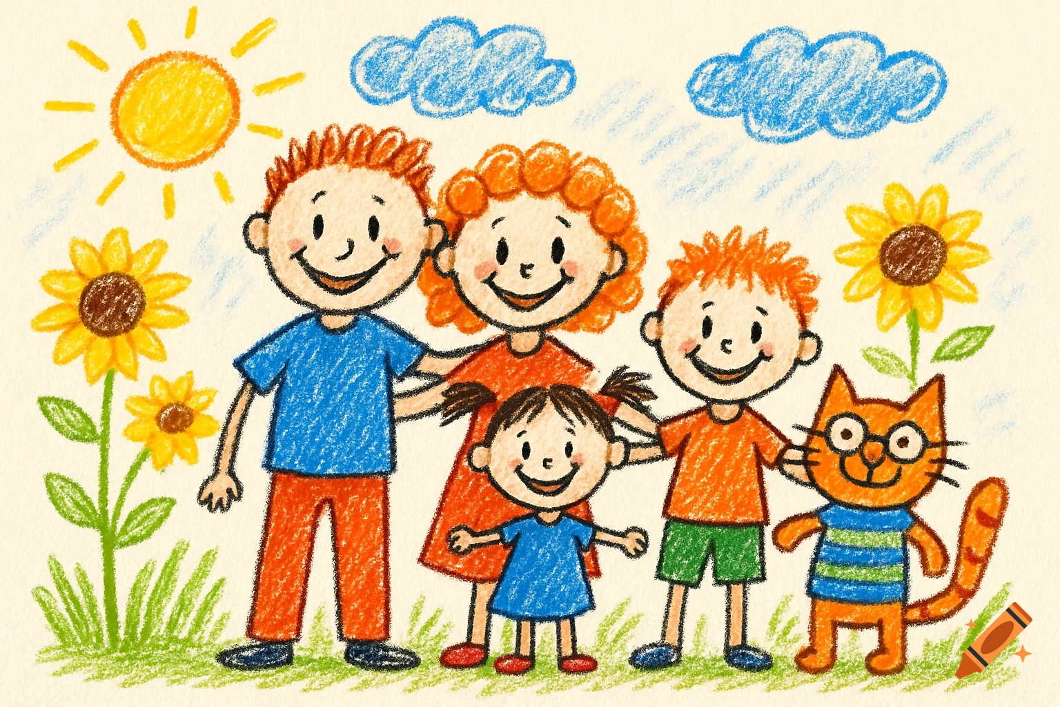A crayon drawing of a smiling family with two adults, two children, and a cat, standing outdoors with sun and sunflowers.