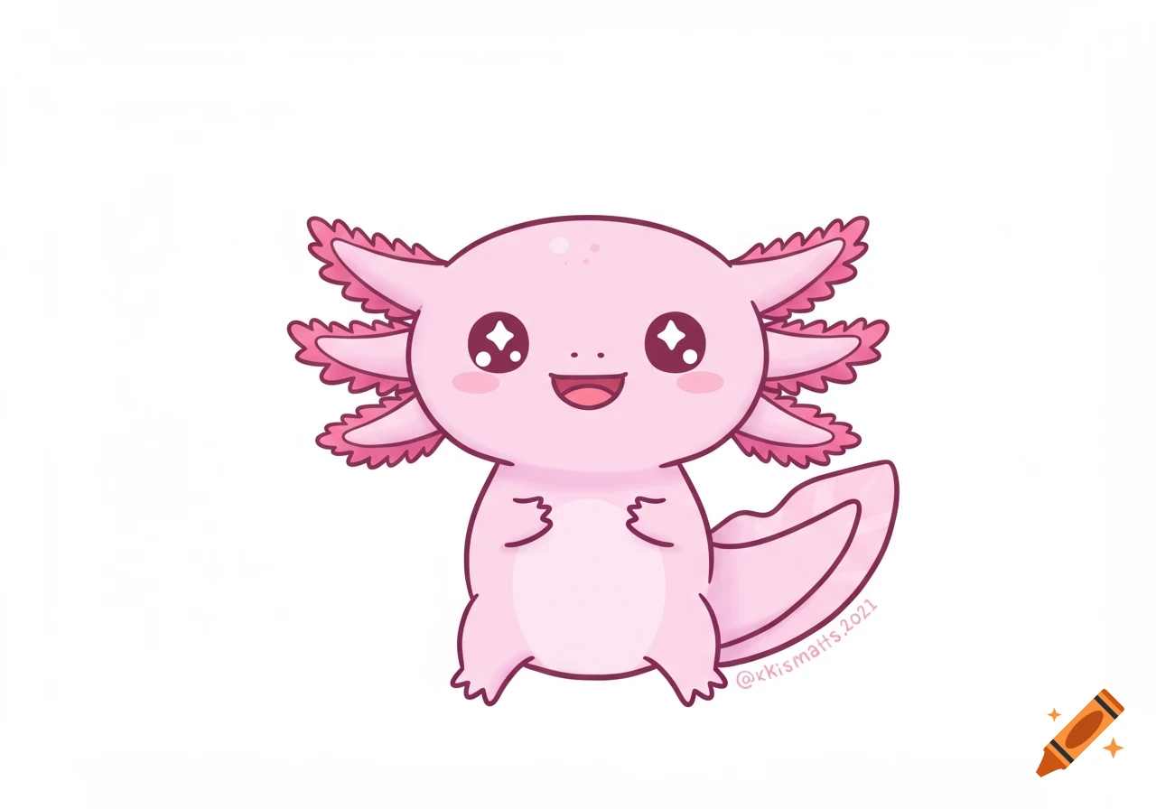 A cute, pink cartoon axolotl with sparkling eyes smiles on a white background.