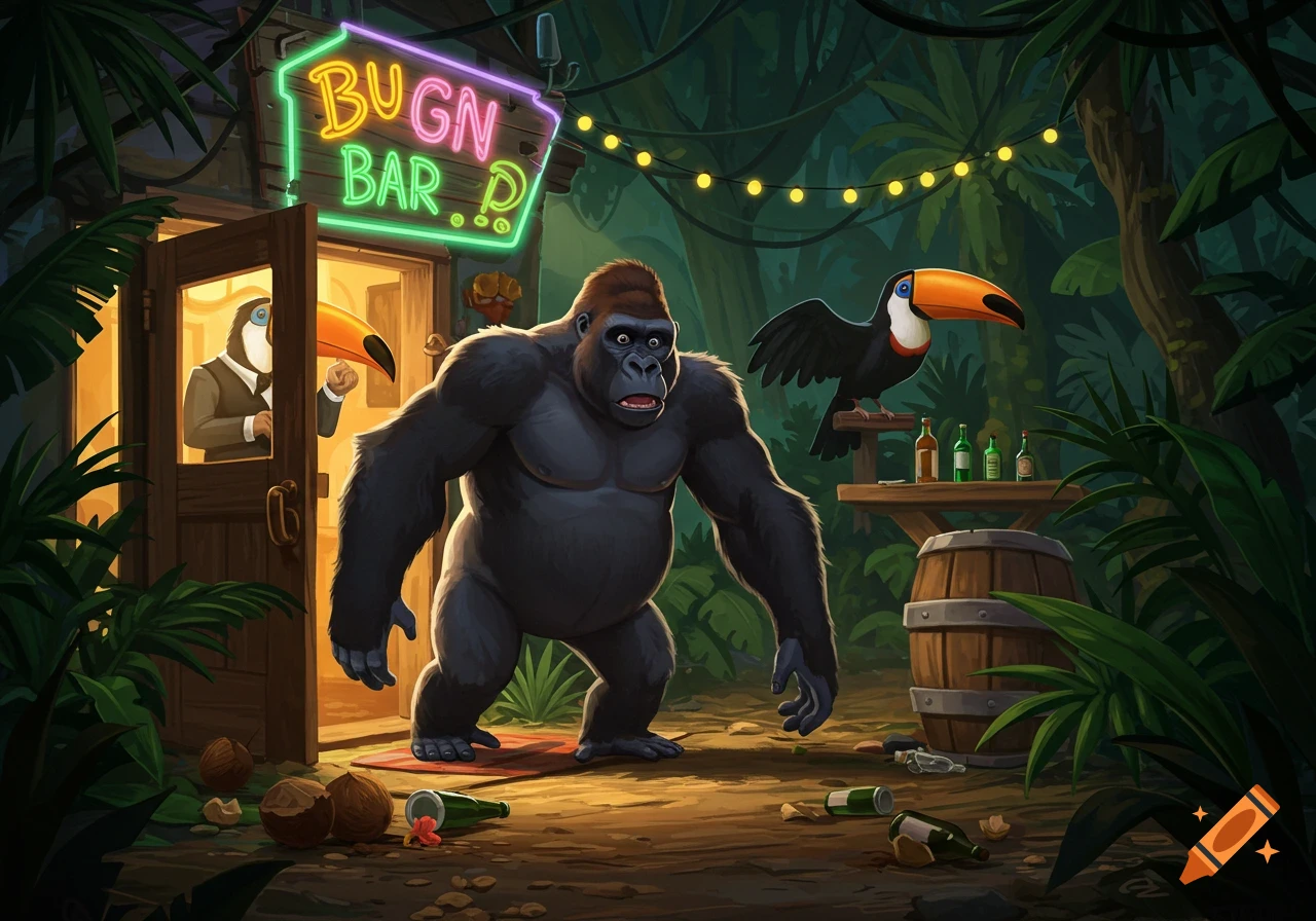 A surprised gorilla stands outside a jungle bar with a neon sign, surrounded by broken coconuts and fallen bottles, while toucans observe.