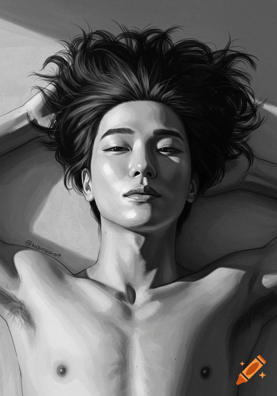 A grayscale drawing of a shirtless man with messy hair, looking up while lying on his back, with light shining on his face.