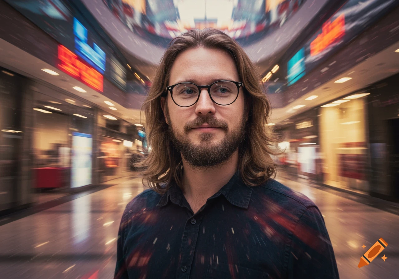 A smiling man with long hair, beard, and glasses stands in a blurry, motion-filled mall.