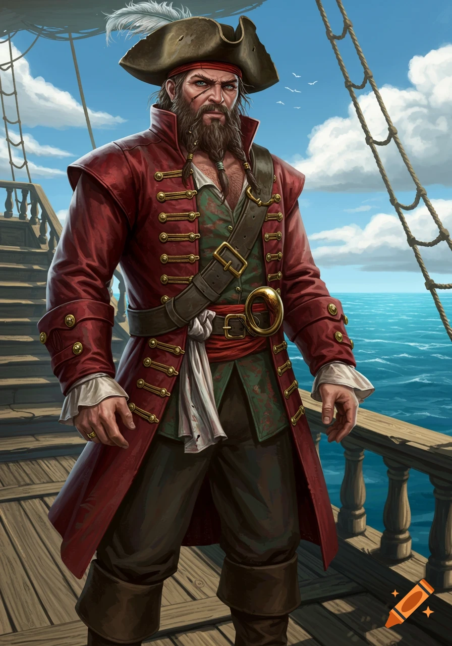 A detailed illustration of a male pirate with a beard and a red coat standing on a ship's deck under a cloudy sky.