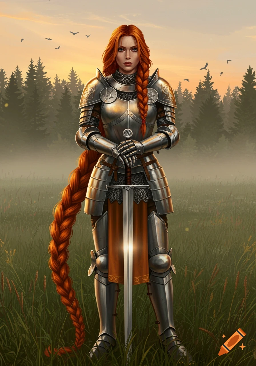 A female knight with a long red braid stands in a grassy field at sunset, holding a sword. She wears shiny full plate armor.