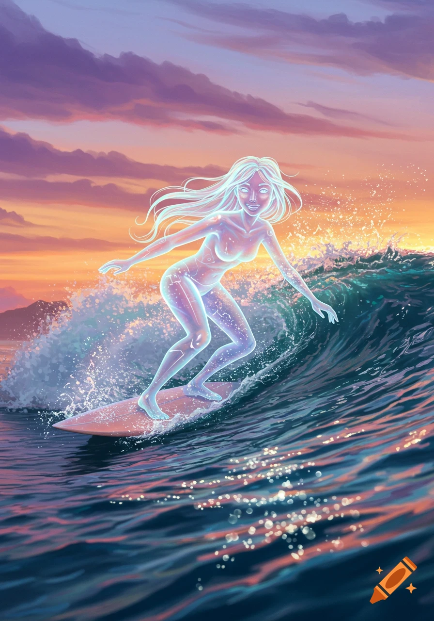 A luminous, ethereal holographic figure with long hair surfs a wave at sunset, depicted in a digital art style.