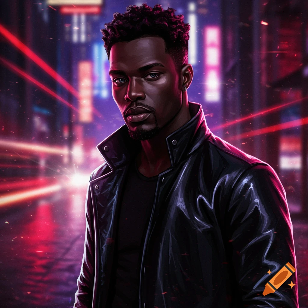 A man with dark skin, curly hair, and a beard, wearing a black leather jacket, against a neon-lit cyberpunk city street.
