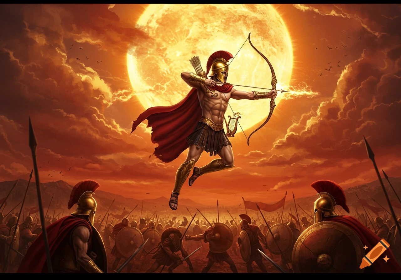 The god Apollo, in Spartan armor and red cape, flies midair, drawing an electric bow and arrow over an epic battle under a blazing orange sun.